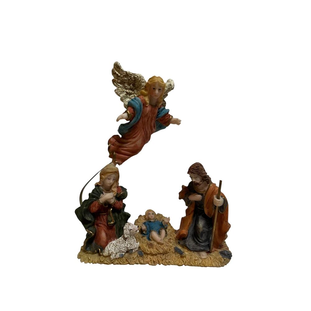 Intricate 2000 carved‎ Nativity Scene with hovering Angel 6" wide